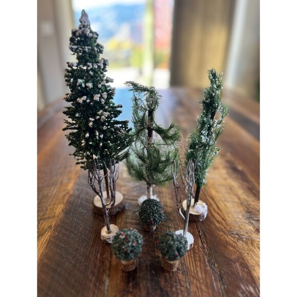 Vintage Lemax Christmas Snow Village Trees Set On Wooden Bases - Picture 3 of 16